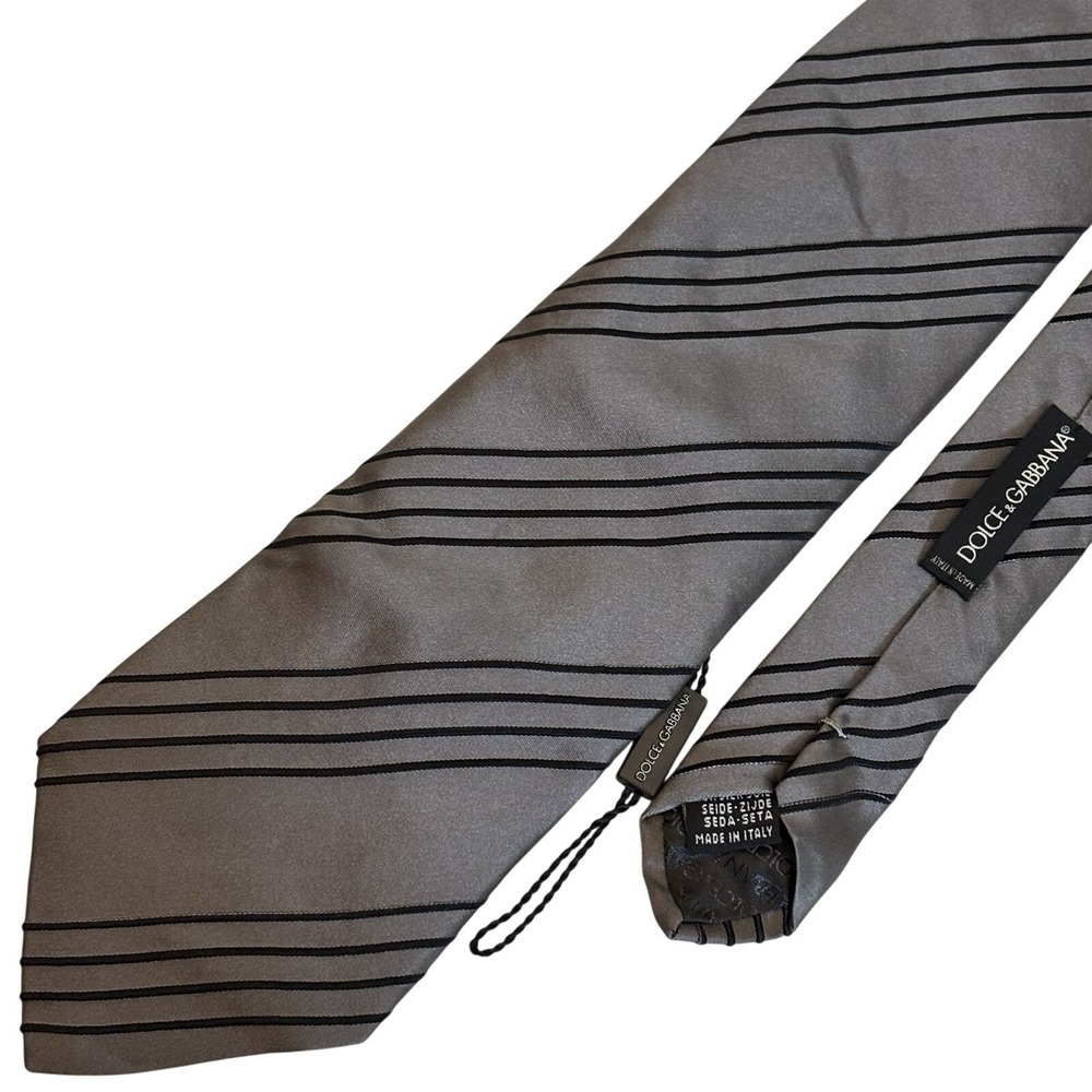 DOLCE & GABBANA SILK TIE Gray Black Repp Designer LUXURY Authentic Hologram 60"